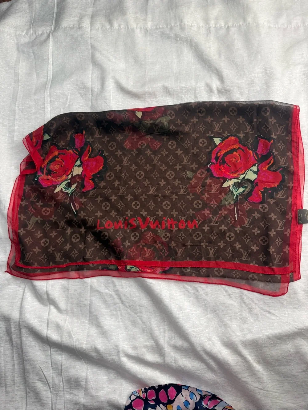 Louis Vuitton Brown Scarf with Red Rose Print